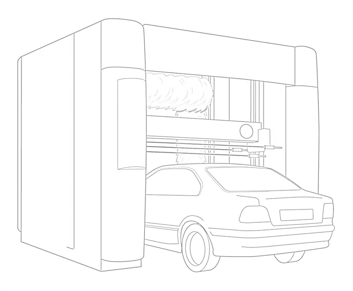Автомобиль на входе в автоматическую автомойку с цилиндрическими щетками