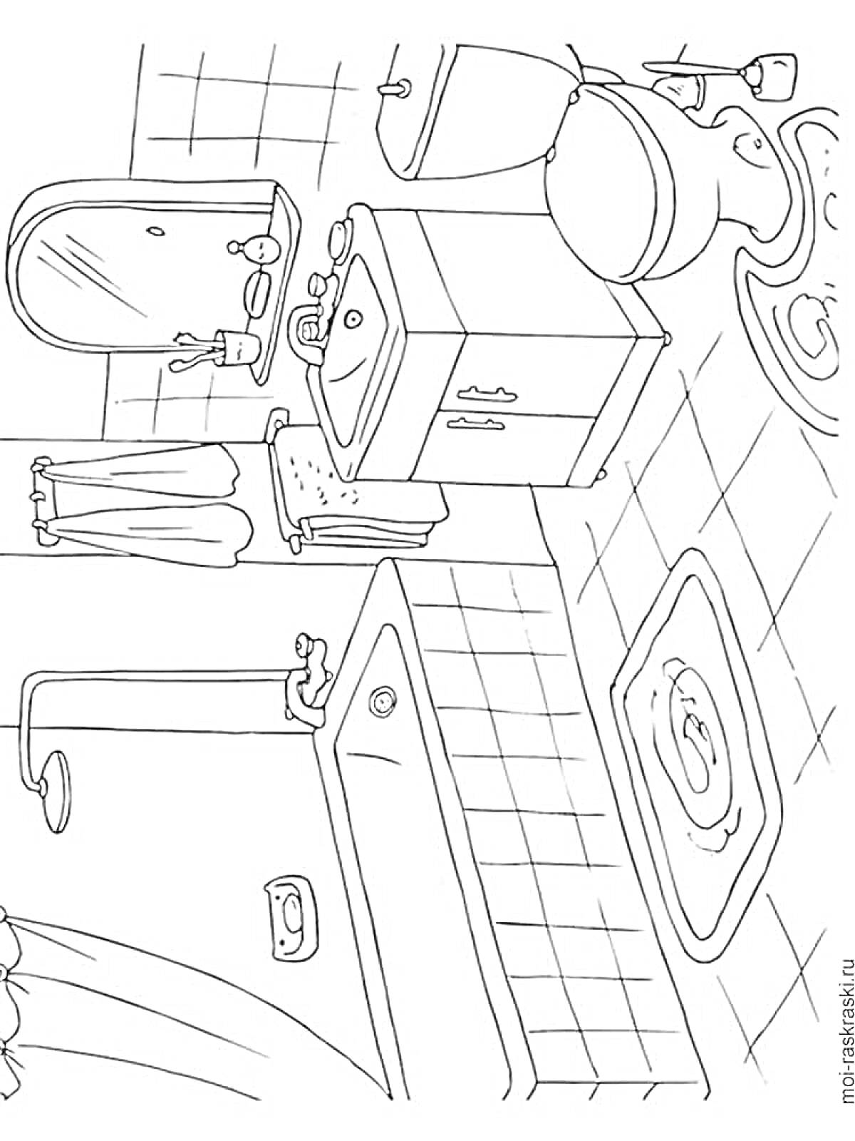 Раскраска Ванная комната с зеркалом, раковиной, унитазом, ванной и предметами домашнего обихода