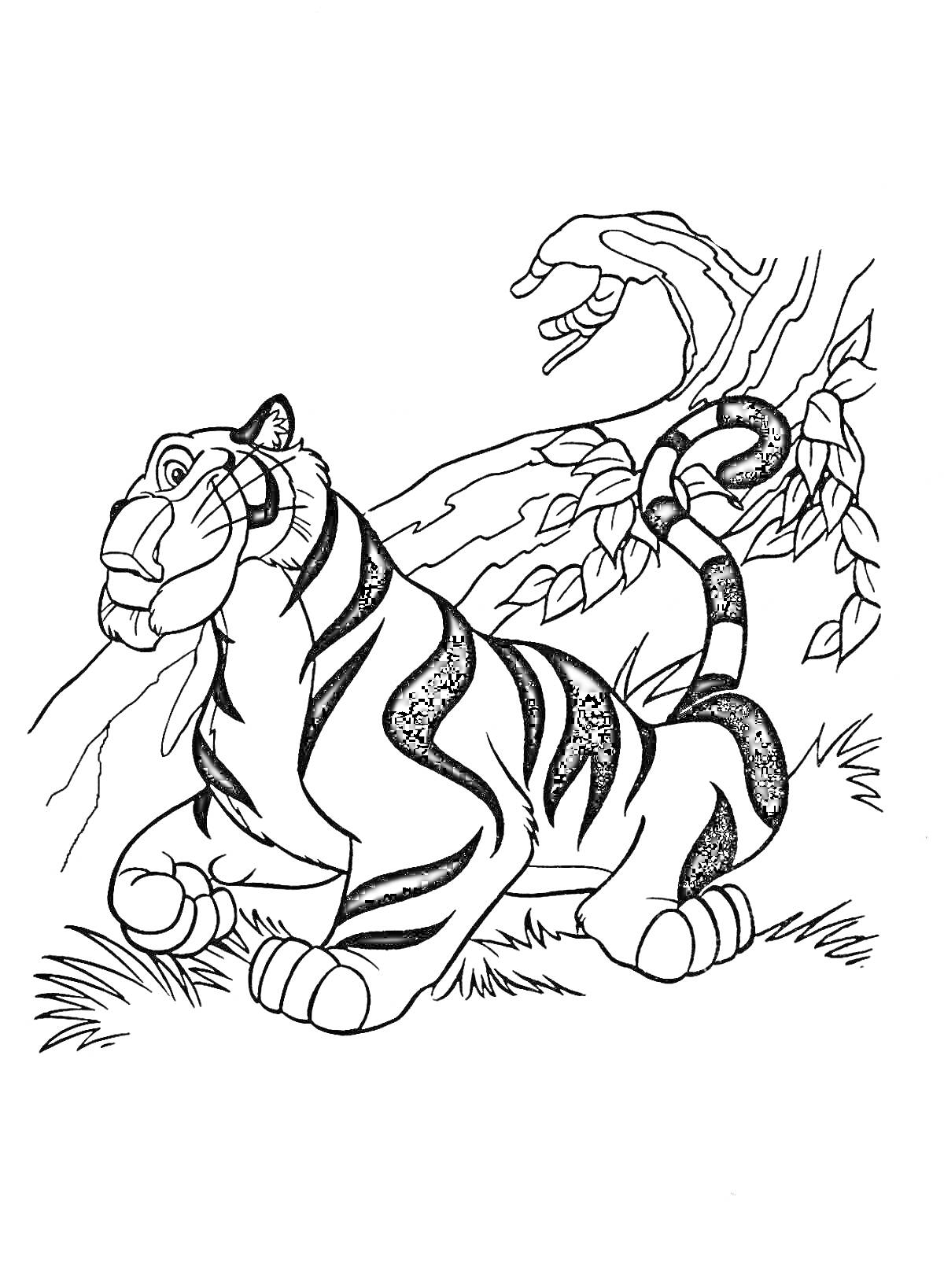 Раскраска Тигр под деревом с изогнутым хвостом на траве