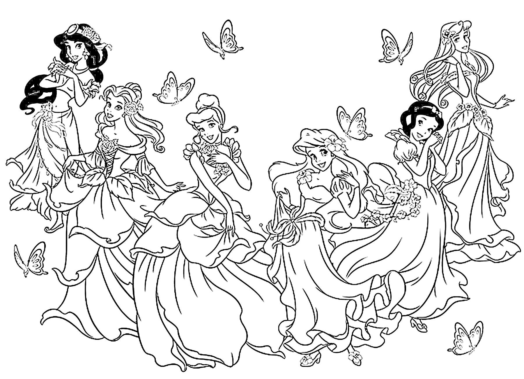 Раскраска Принцессы с цветами и бабочками
