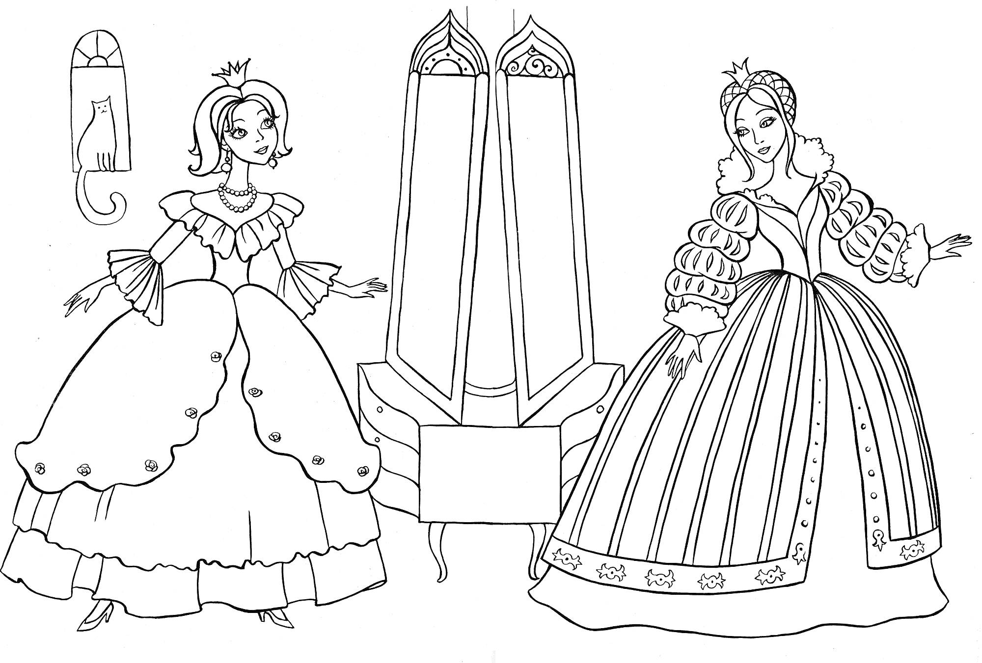 Две сестры-принцессы перед большим зеркалом с драпировкой