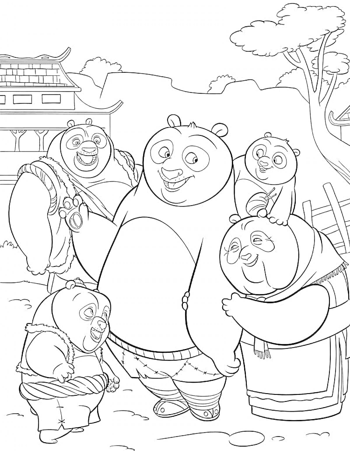 Раскраска Кунг-фу панда 3 - сцена с пандами на улице деревни, дом, деревья на заднем плане