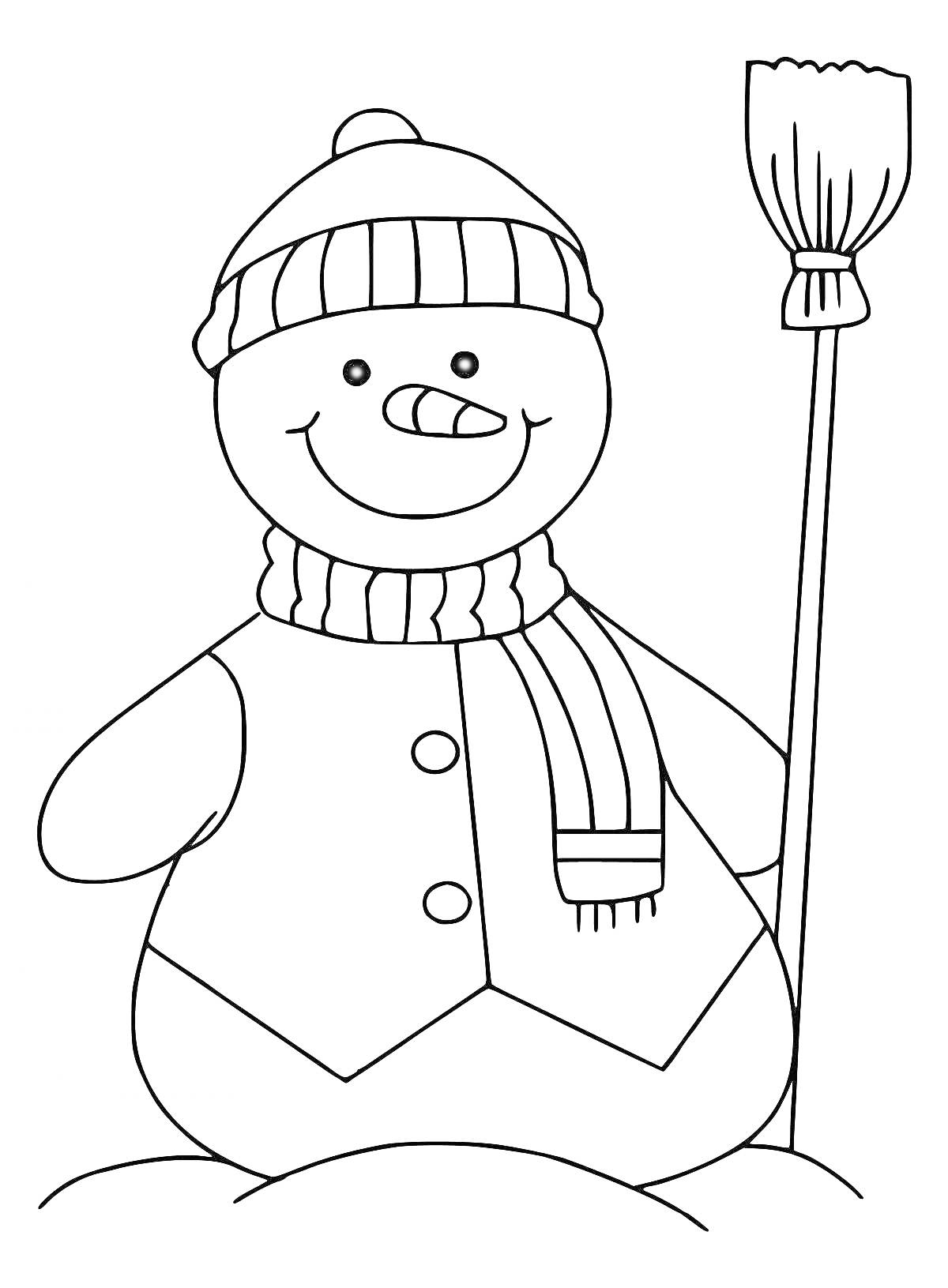 Раскраска Снеговичок с метлой в шапке и шарфе