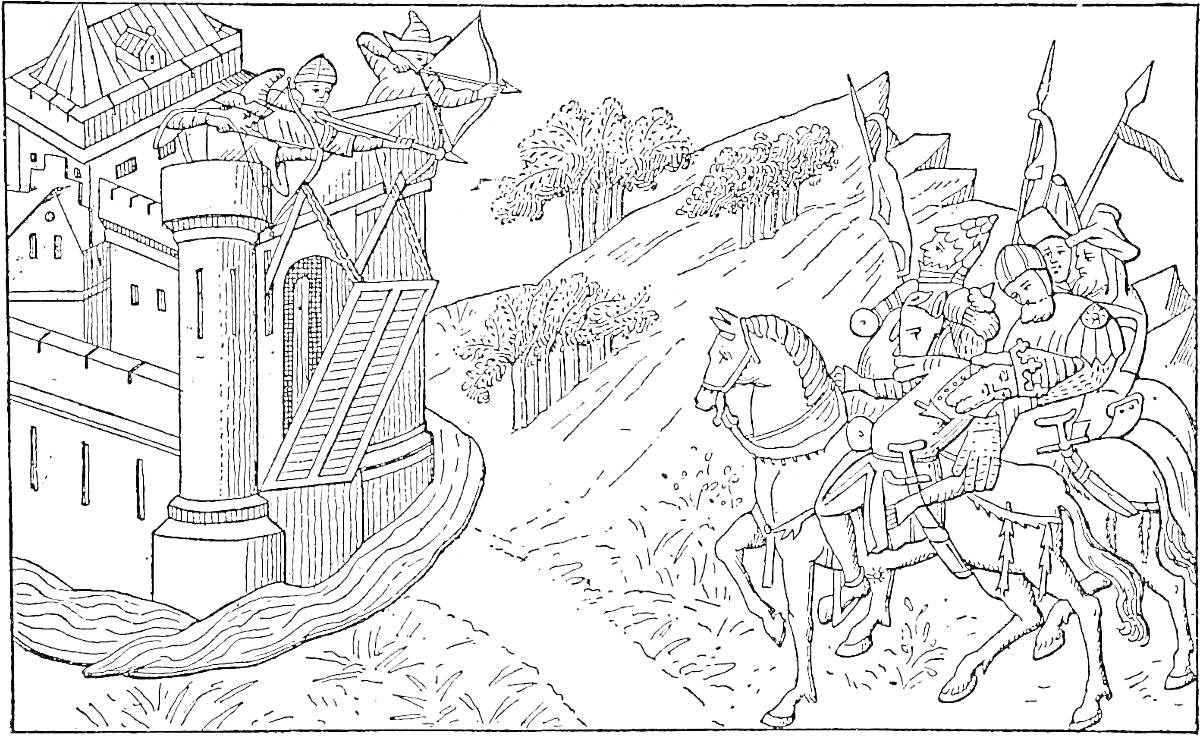 Раскраска Нападение рыцарей на замок с разведенным мостом, защитники замка на башне, рыцари на лошадях с флагами