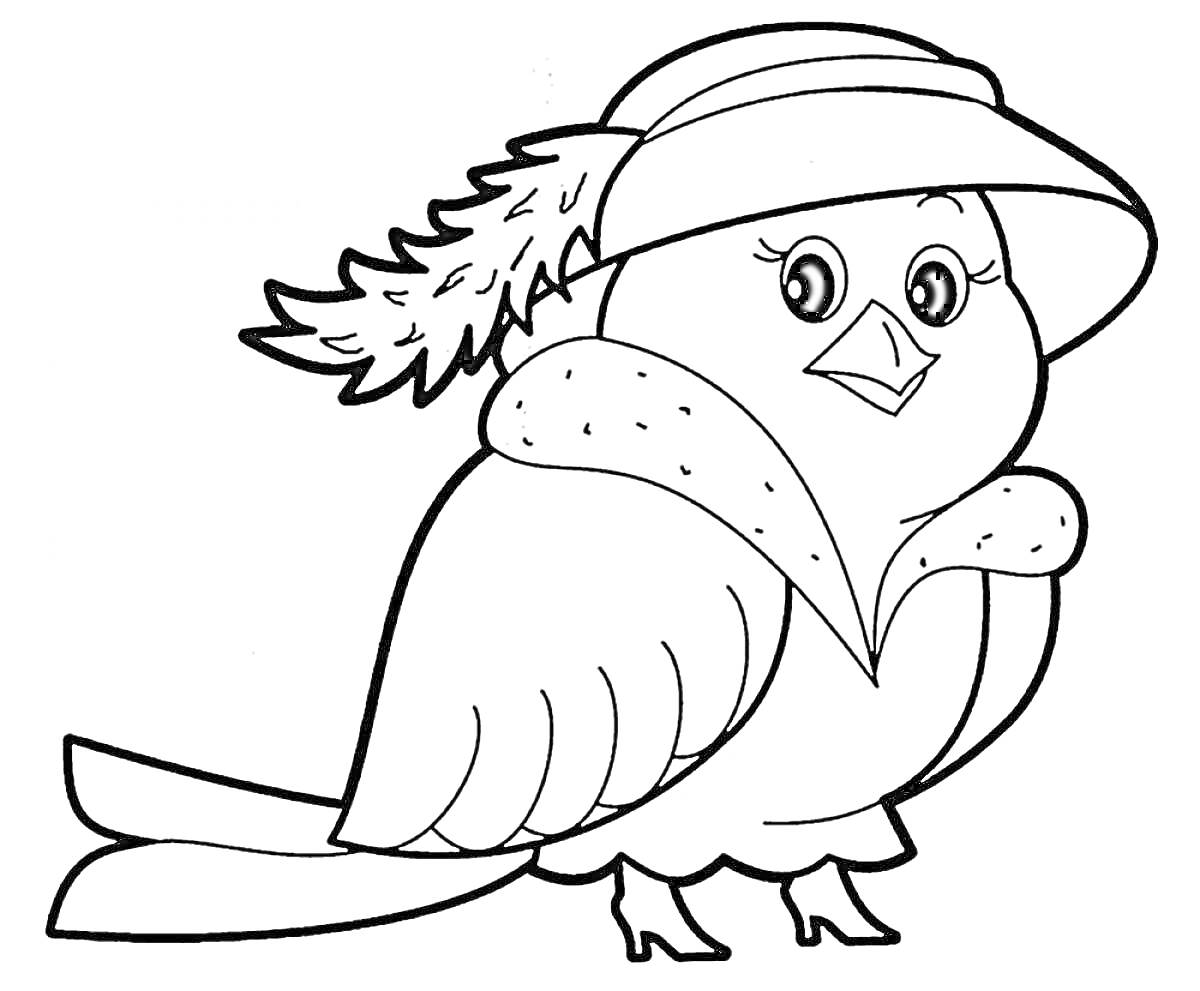 Раскраска Птица в шляпе с пером, воротнике и туфлях