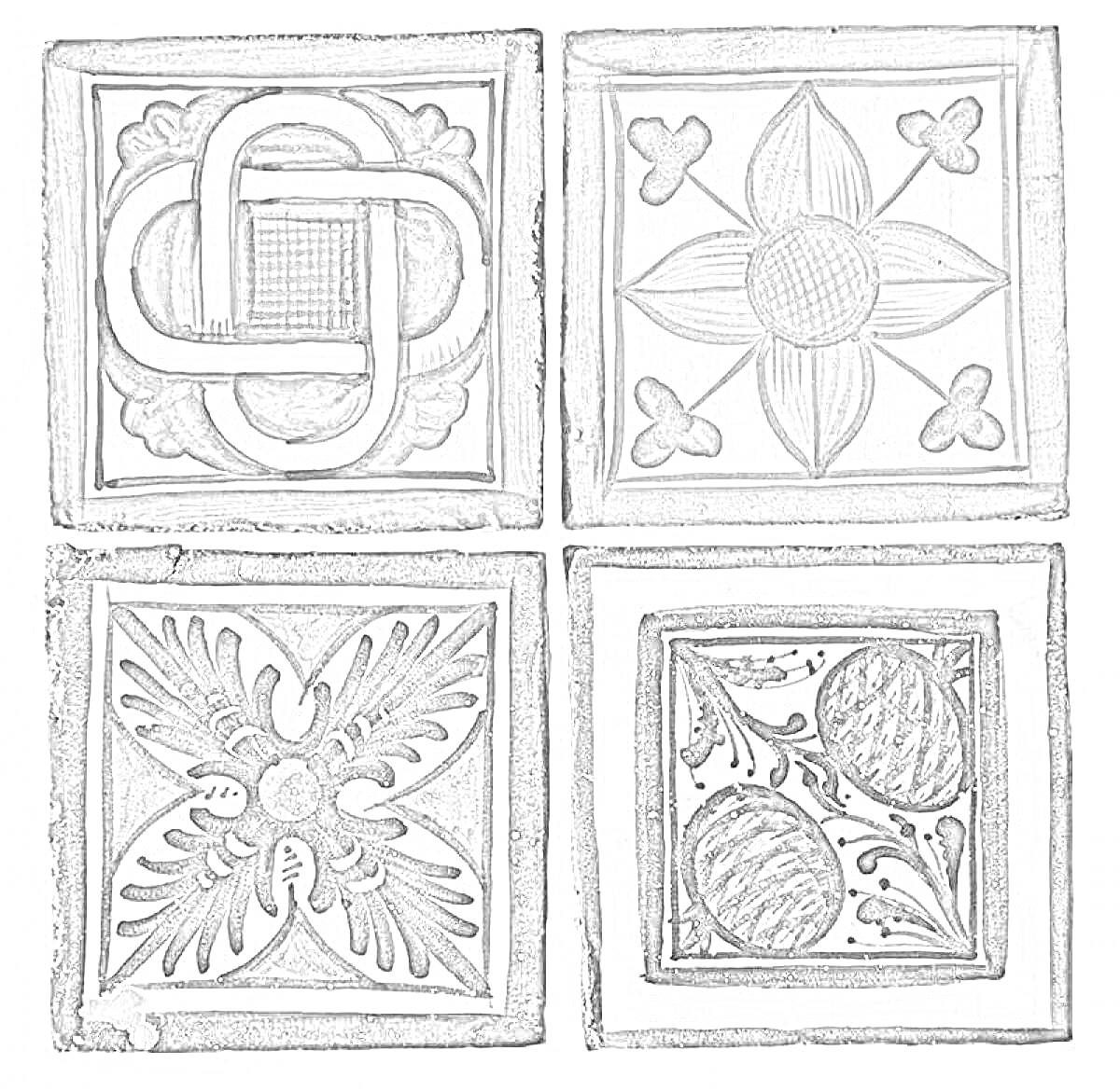Раскраска Керамическая плитка ручной работы с абстрактными узорами и растительными мотивами (чёрно-белая)