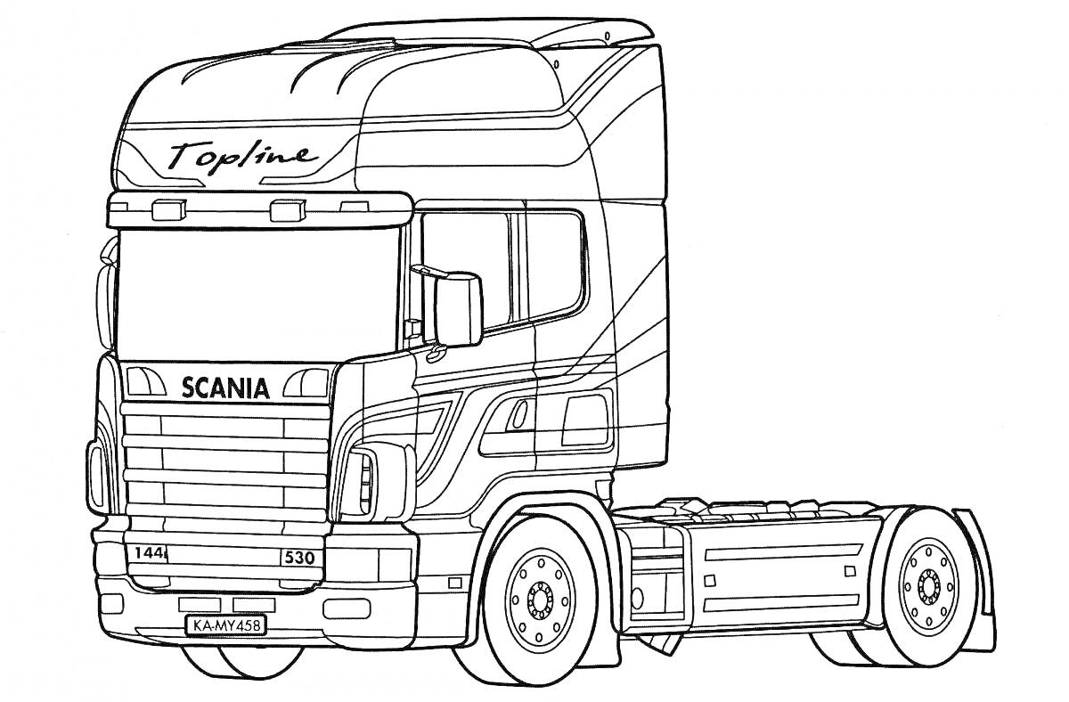 Раскраска Грузовик Scania с кабиной Topline, вид спереди и сбоку, без прицепа, черно-белая раскраска