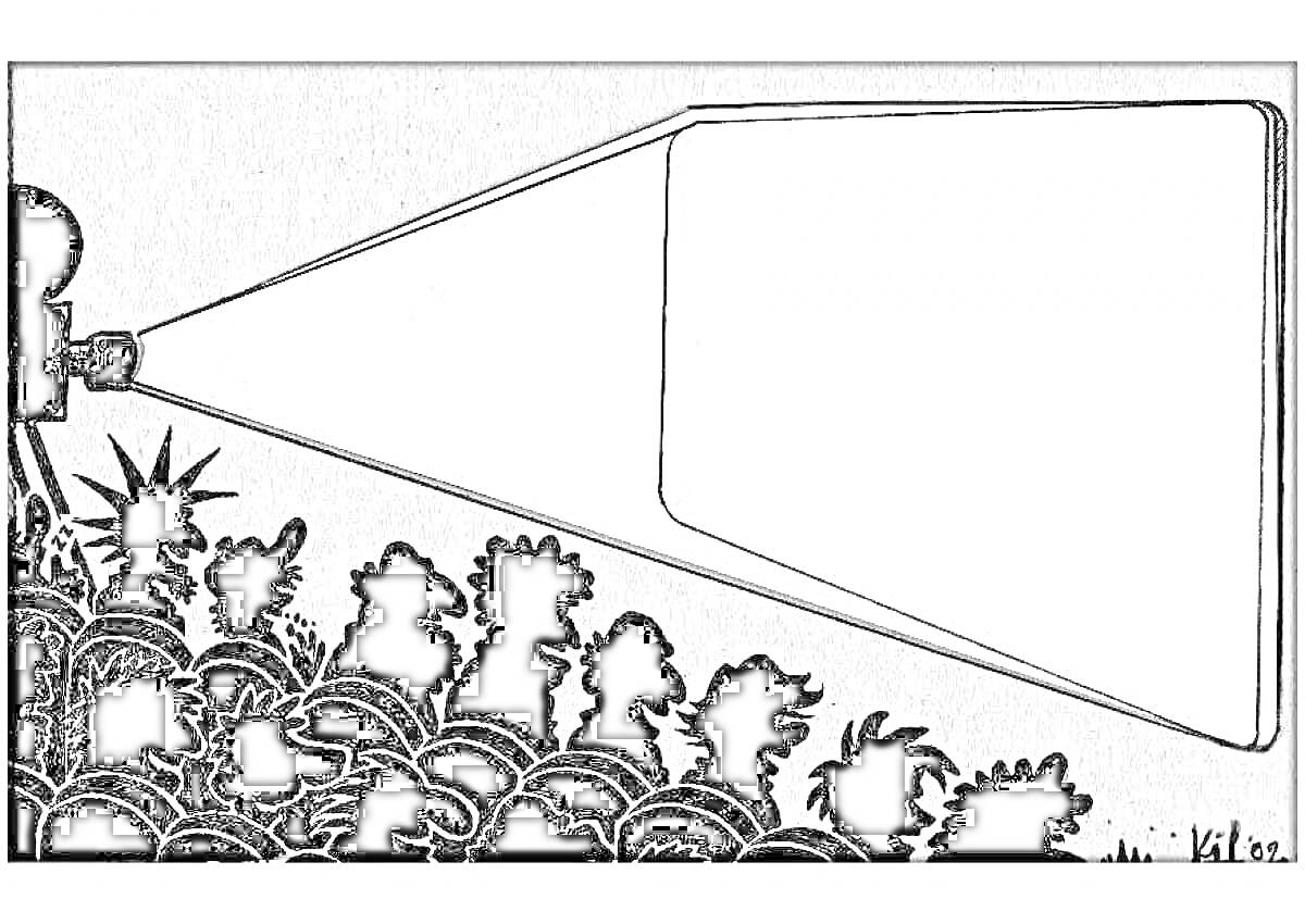 Раскраска Зрители смотрят фильм на экране, кинопроектор, толпа силуэтов