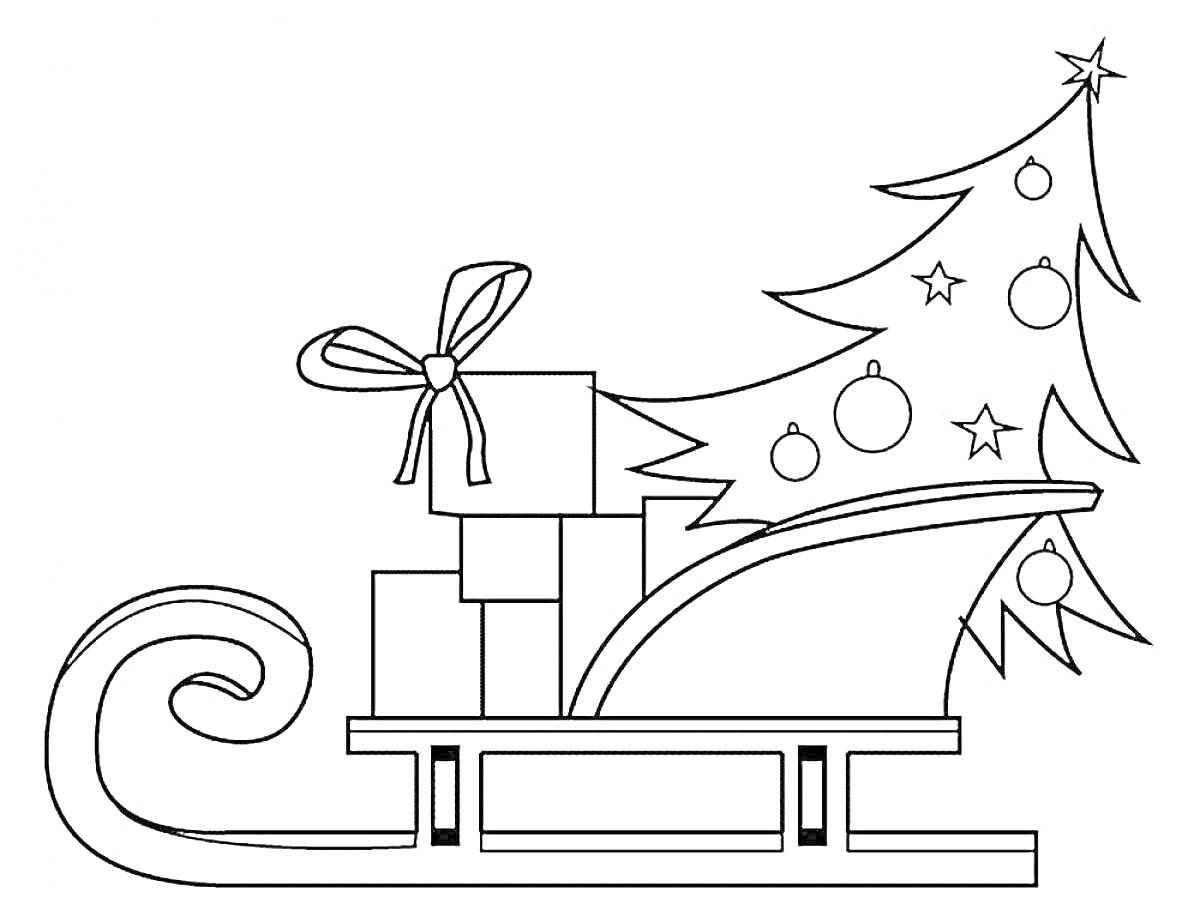 На раскраске изображено: Подарки, Новогодняя ёлка, Рождество, Праздничное дерево, Украшения, Зима, Праздники, Сани