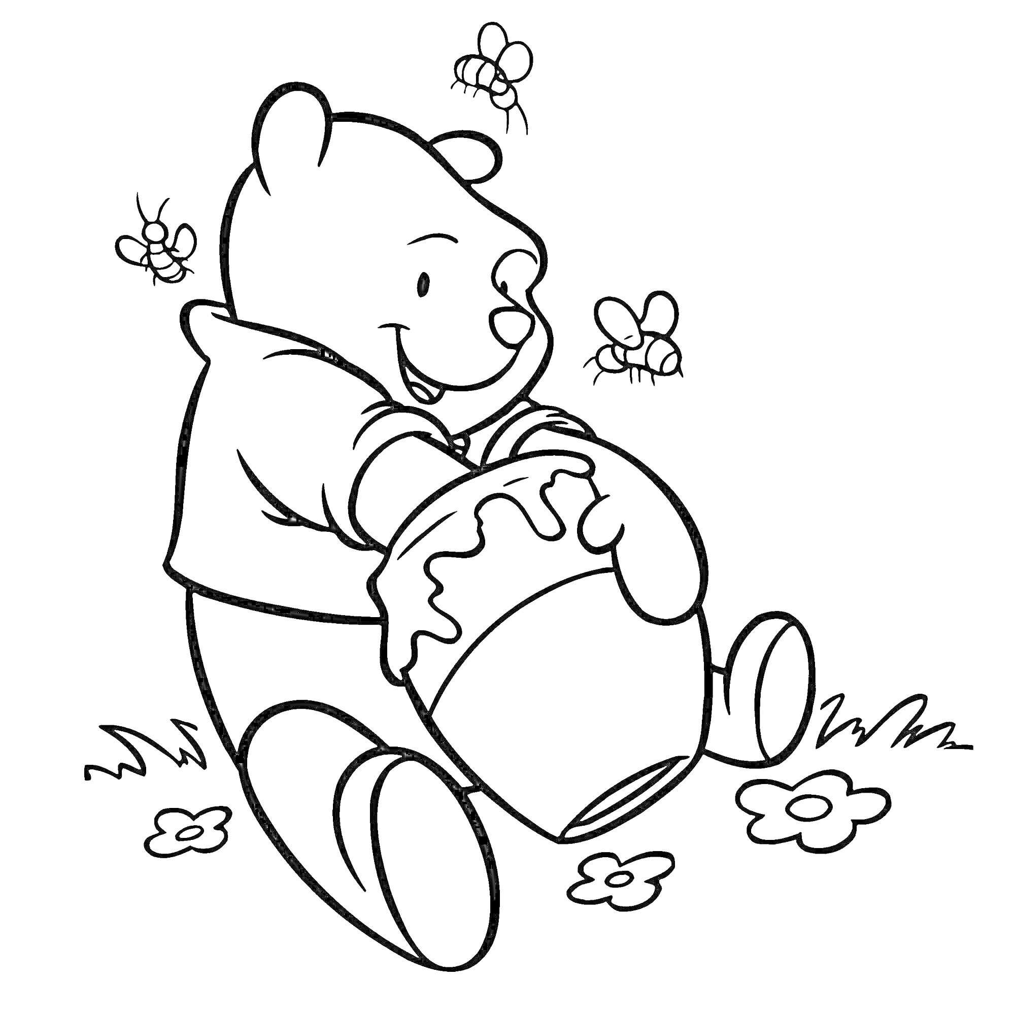 На раскраске изображено: Винни-Пух, Мед, Пчелы, Цветы, Для малышей