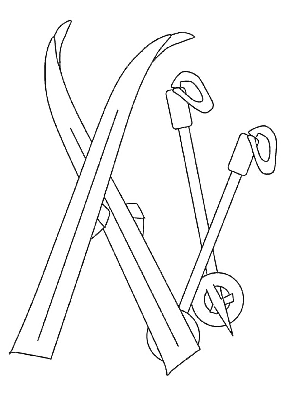 На раскраске изображено: Лыжи, Лыжные палки, Спорт, Зима, Оборудование, Для детей, Активный отдых