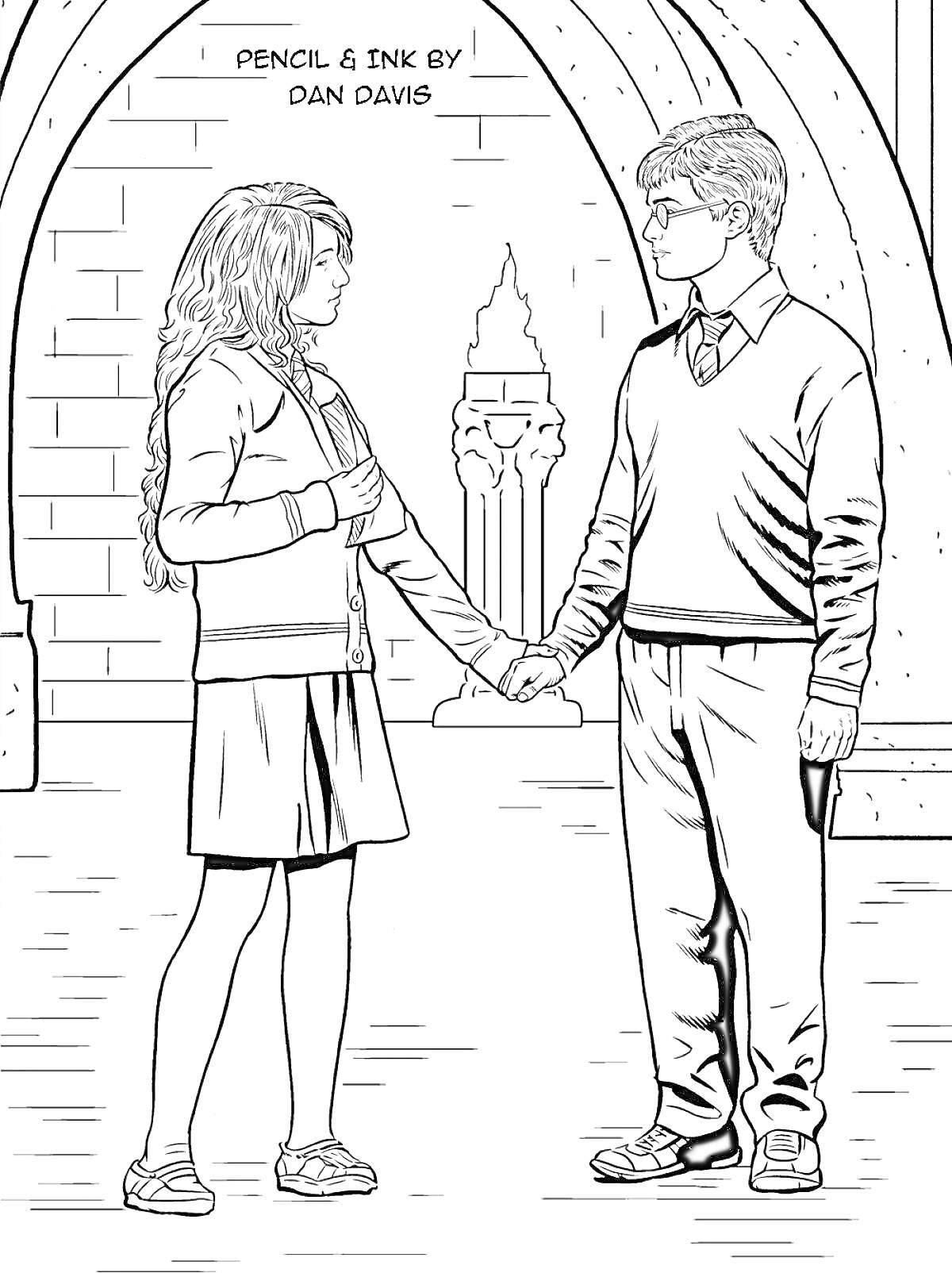 Раскраска Гарри Поттер и Гермиона Грейнджер держатся за руки в арке