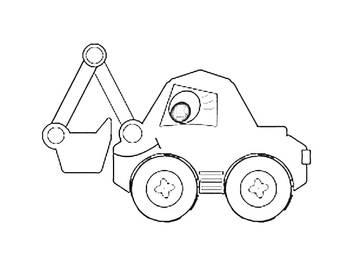 Раскраска экскаватор с одним глазом и двумя колёсами