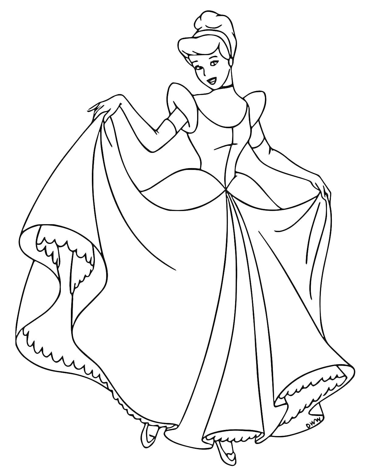 На раскраске изображено: Золушка, Принцесса, Бальное платье, 4-5 лет, Волшебная сказка, Персонаж, Принцесса в платье