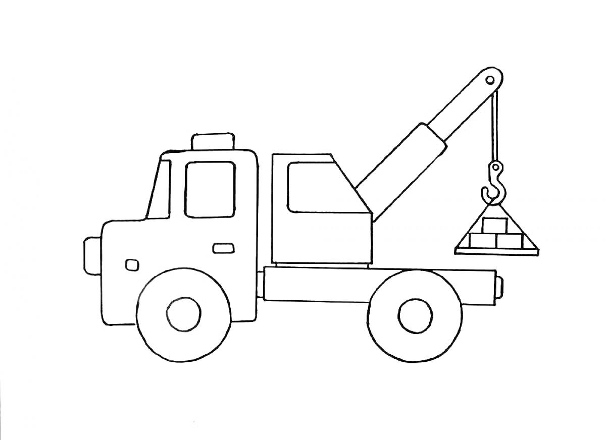 На раскраске изображено: Кран, Подъемный кран, Кирпичи, Пирамида, Строительная техника, Грузовая машина, Машины