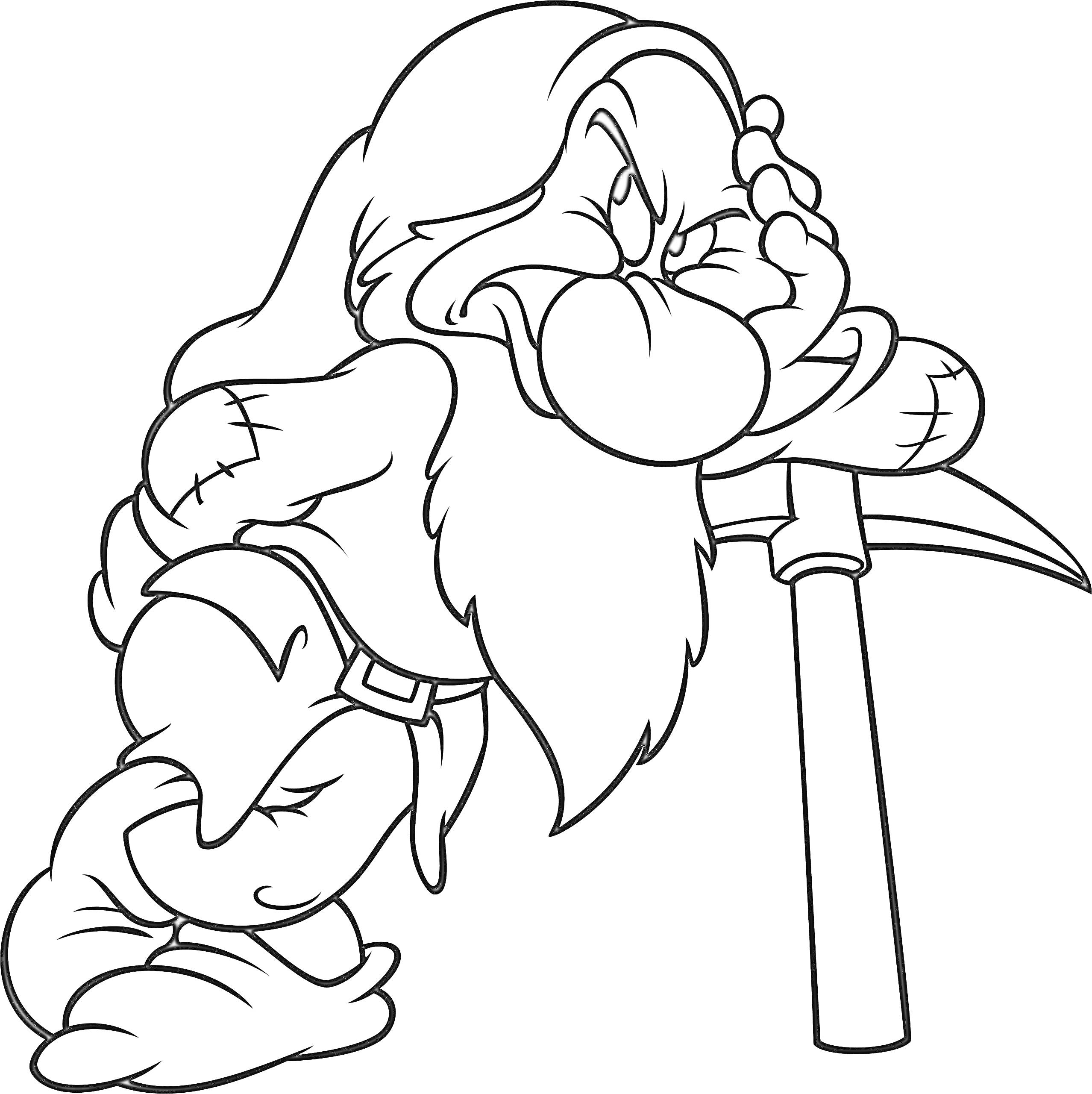 Раскраска Гномик с бородой, с киркой, стоит, прислонившись к кирке, касаясь рукой лба