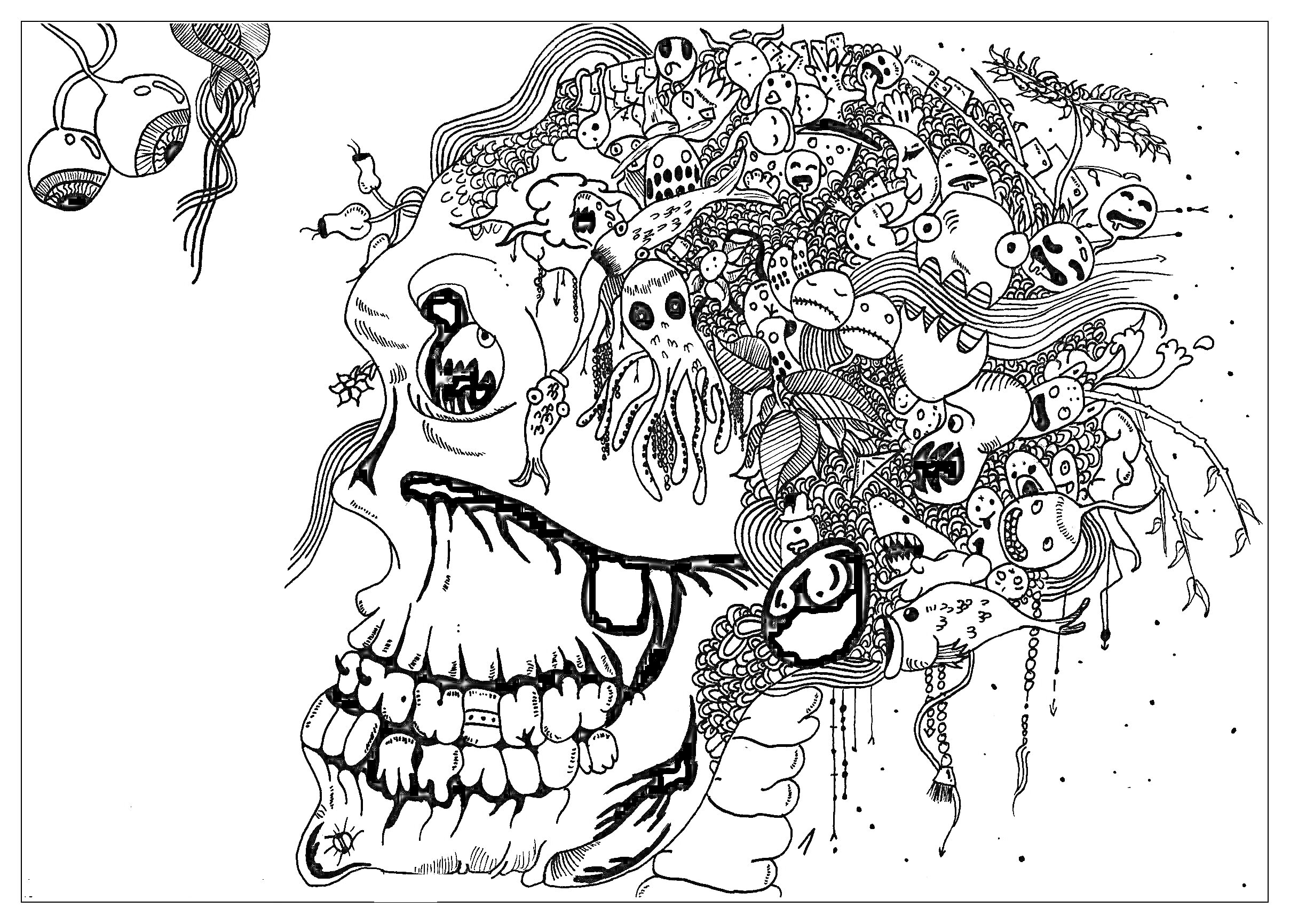 Раскраска череп с выпученными глазными яблоками и множеством хаотичных существ и узоров