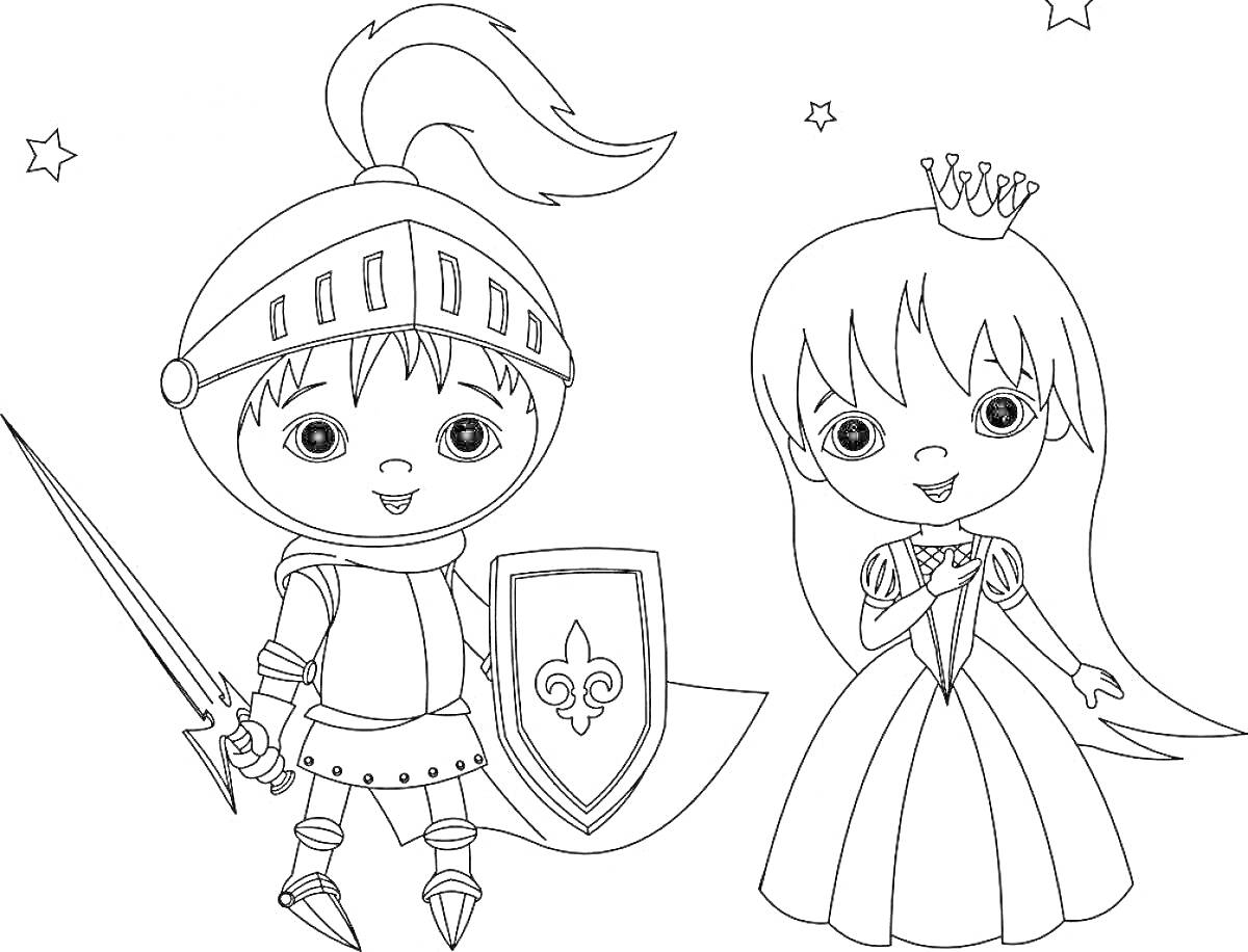 На раскраске изображено: Принцесса, Меч, Щит, Корона, Звезды, Средневековье