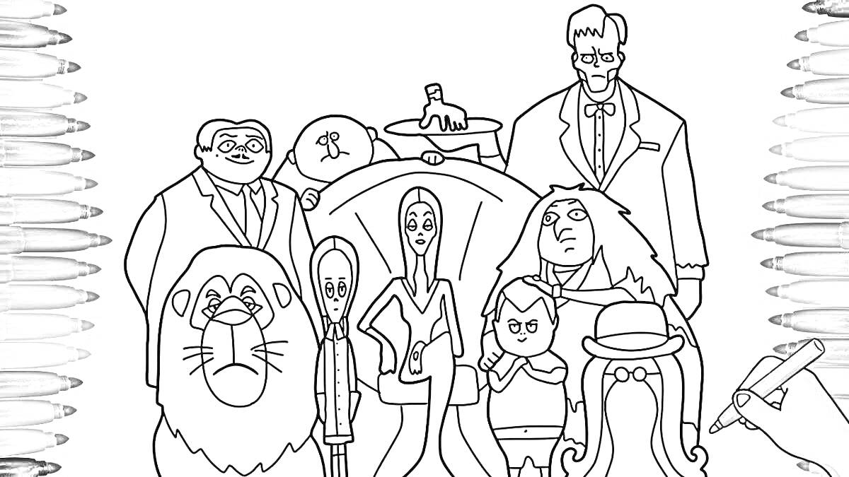 Раскраска Семейка Аддамс - главные персонажи перед креслом, Человек с лампочкой на голове, Ктулху, странное существо с волосами, высокий человек в костюме