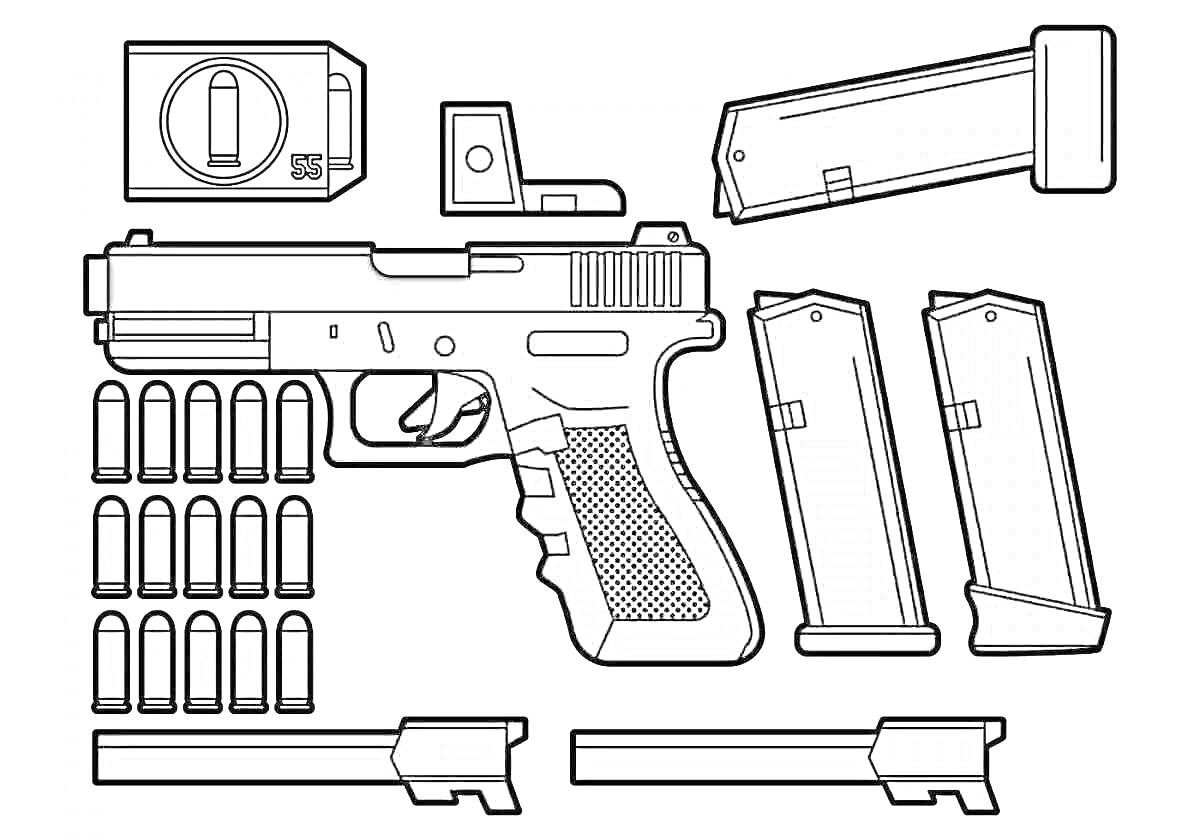 На раскраске изображено: Пистолет, Патроны, Магазин, Контейнер, Ствол, Оружие, Детали