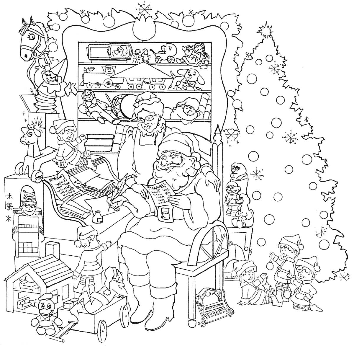 Раскраска Санта с помощниками и игрушками у елки