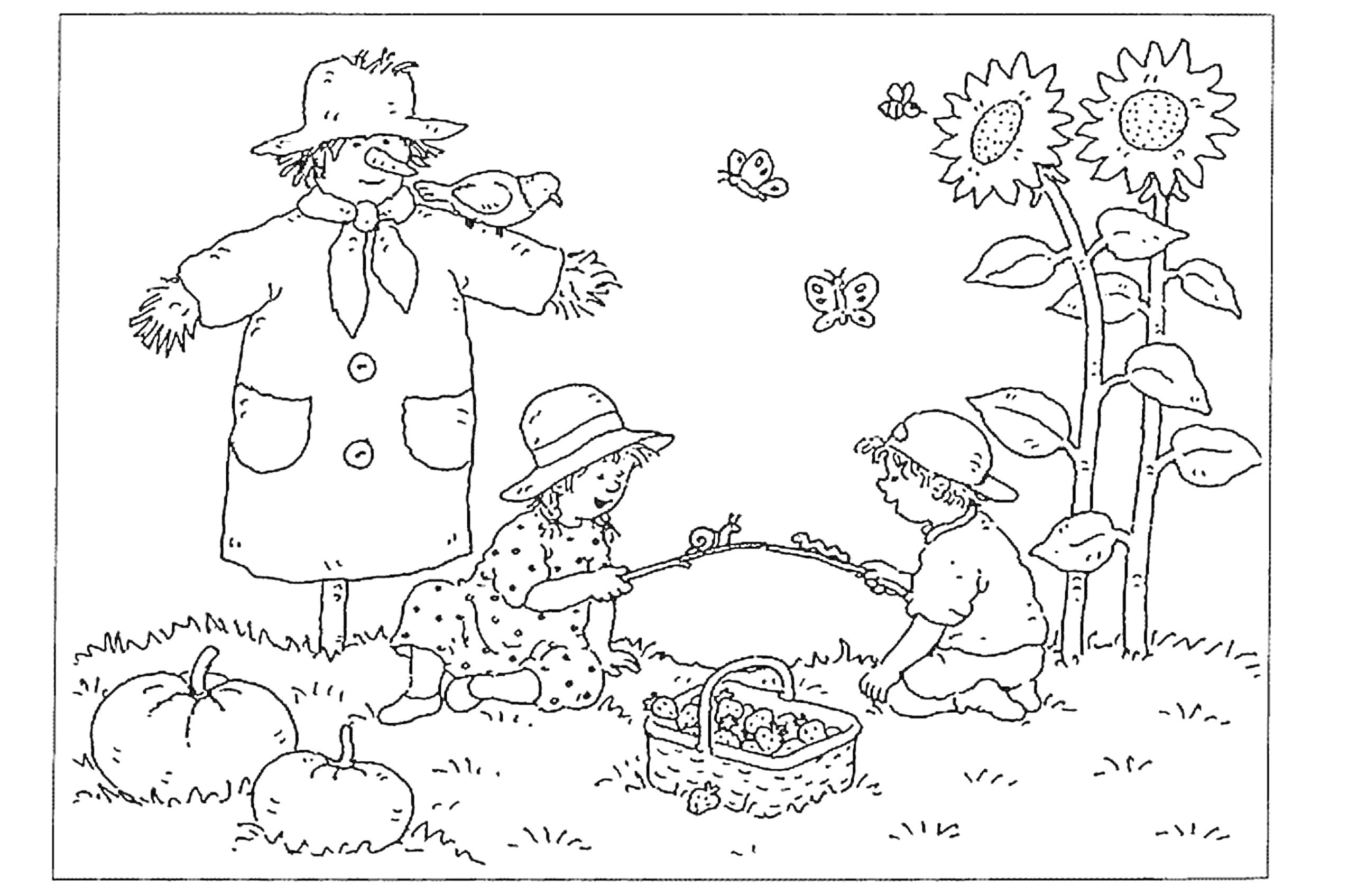На раскраске изображено: Осень, Сбор урожая, Подсолнухи, Корзина, Пугало, Птица