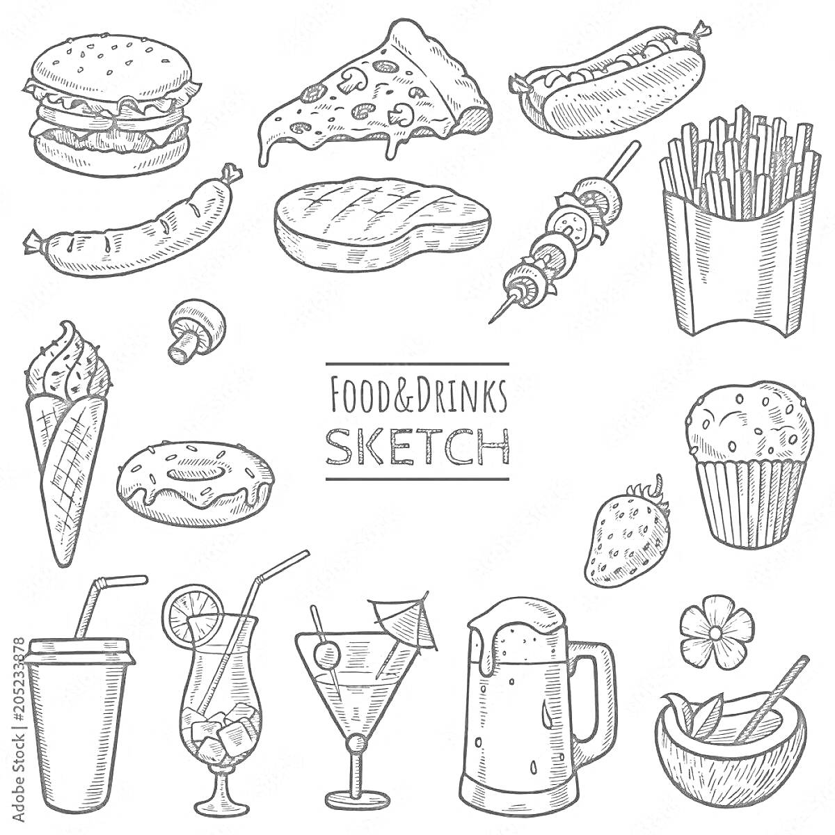 гамбургер, пицца, хот-дог, картофель фри, колбаса, стейк, шашлык, мороженое, пончик, клубника, кекс, молочный коктейль, коктейль, коктейль в бокале, пивная кружка, стакан, цветок, миска с ложкой