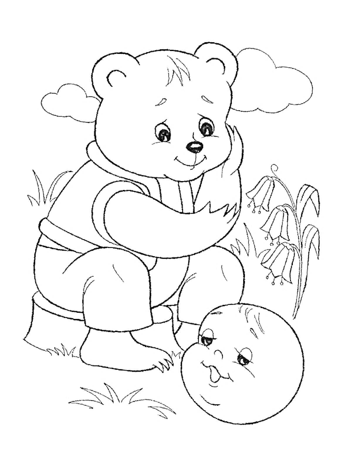 Раскраска Медвежонок и Колобок на лугу с цветами и облаками