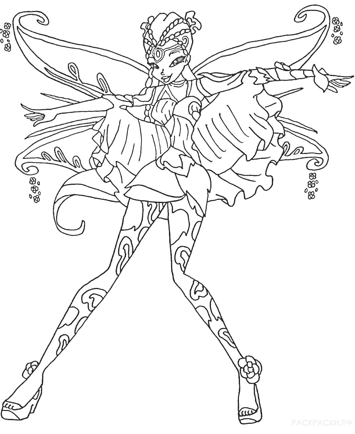 Раскраска Фея в одежде с крыльями, повязкой на голове и цветами на сандалиях