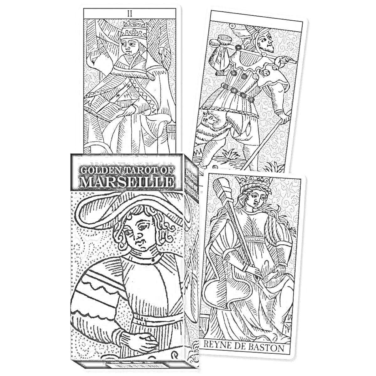 Коробка с комплектом карт «Golden Tarot of Marseille», три карты Таро, одна с рыцарем, другая с королевой, третья с музыкальным инструментом