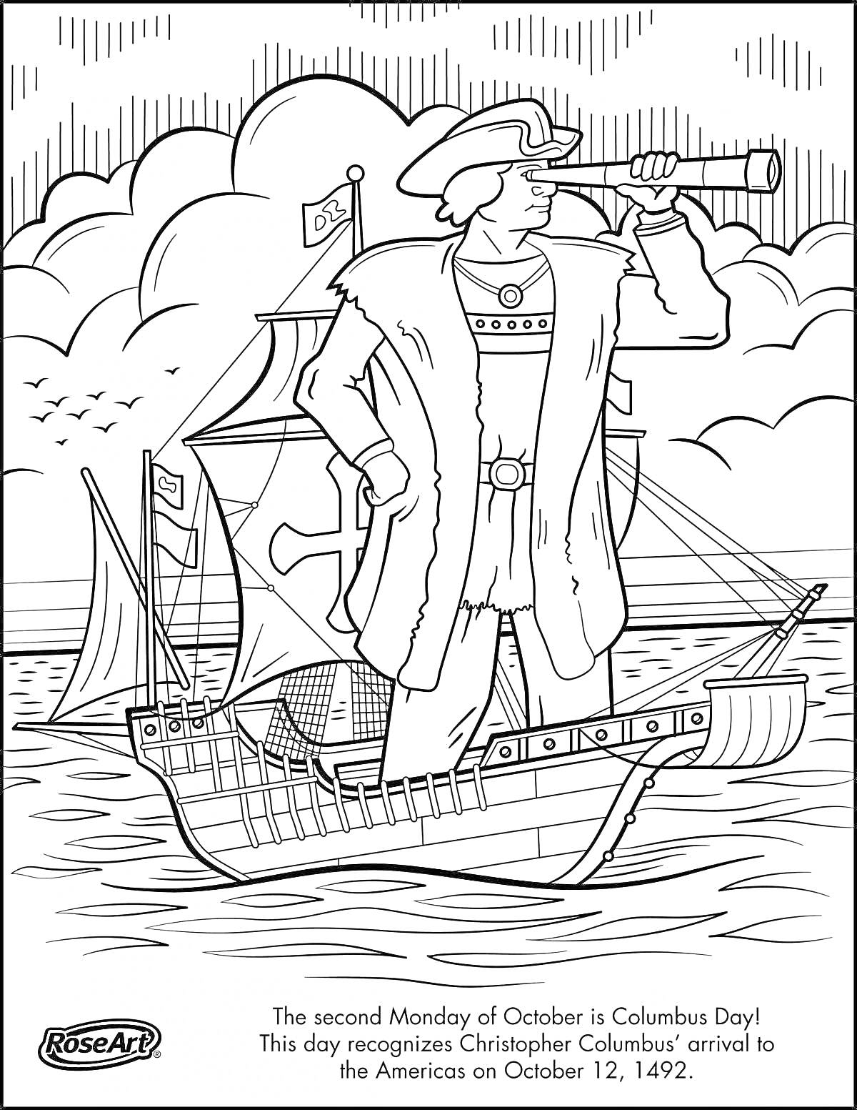 На раскраске изображено: Корабль, Подзорная труба, Море, Облака, Паруса, История, Америка