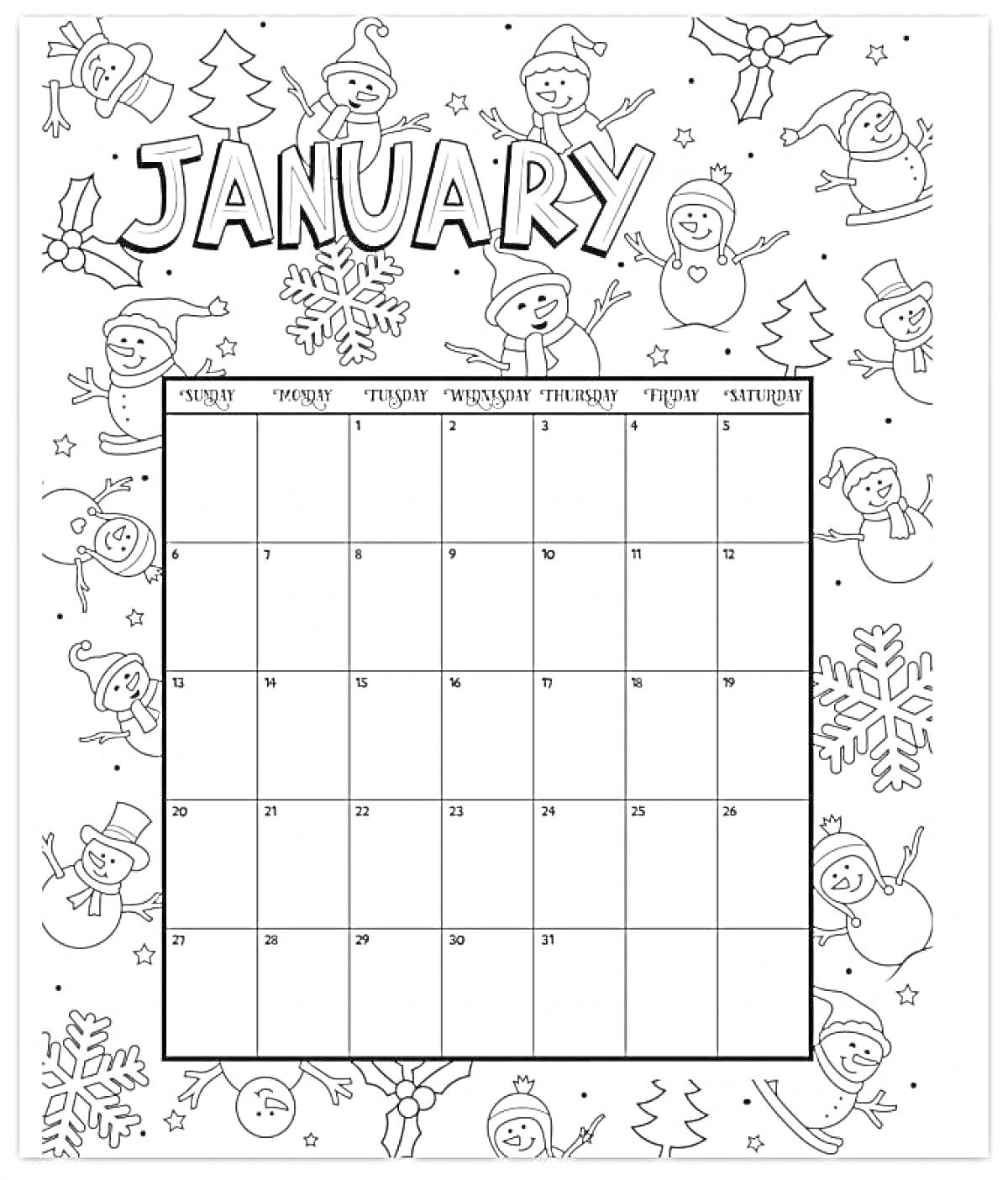 На раскраске изображено: Январь, Календарь, Снеговики, Снежинки, Зима, Сани