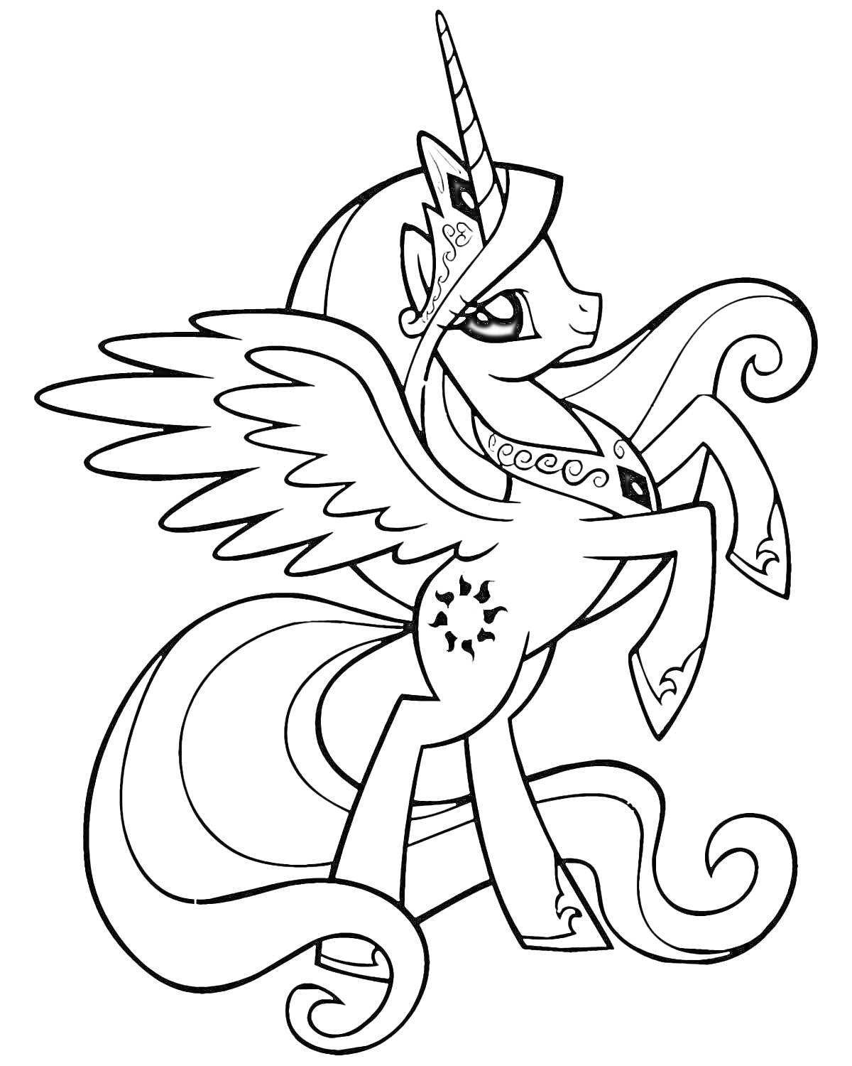 Раскраска Пони-аликорн с рогом и крыльями, украшение на груди, узор на ногах