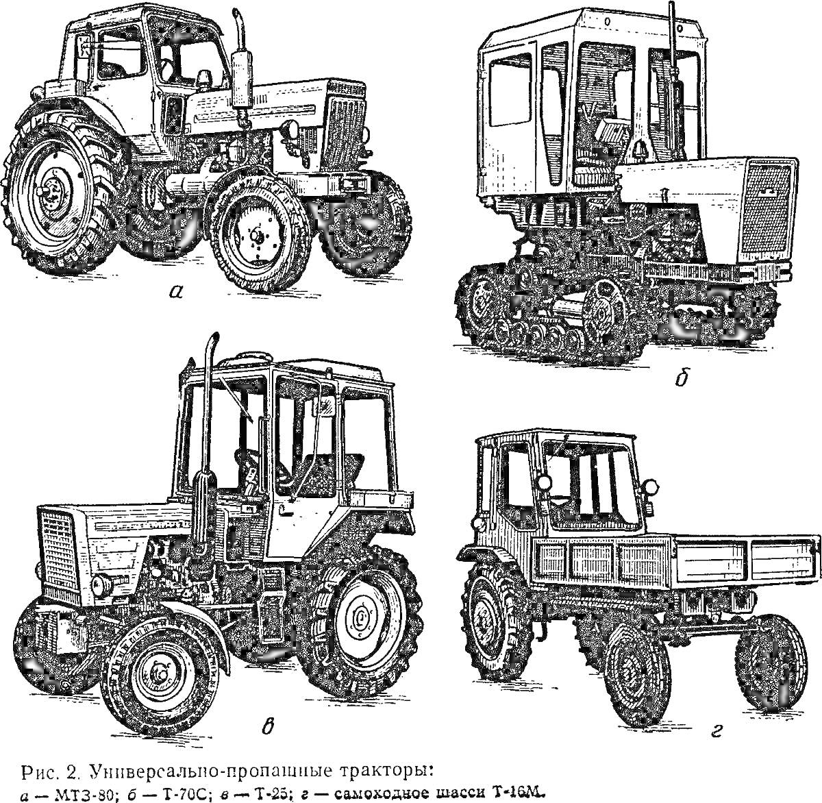 Раскраска Универсально-пропашные тракторы: МТЗ-82, Р-714С, Т-40А, самоходное шасси Т-16М