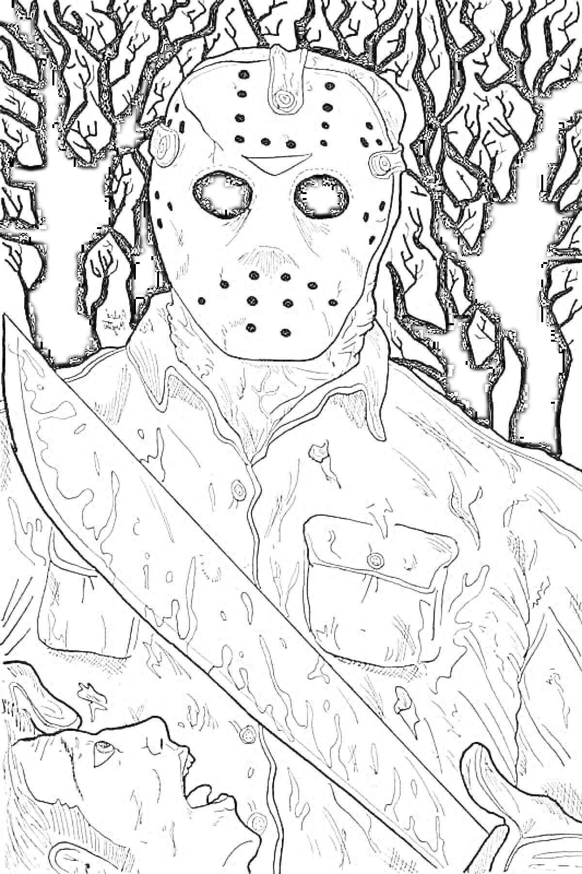 Раскраска Человек в хоккейной маске с мачете на фоне леса с черными деревьями