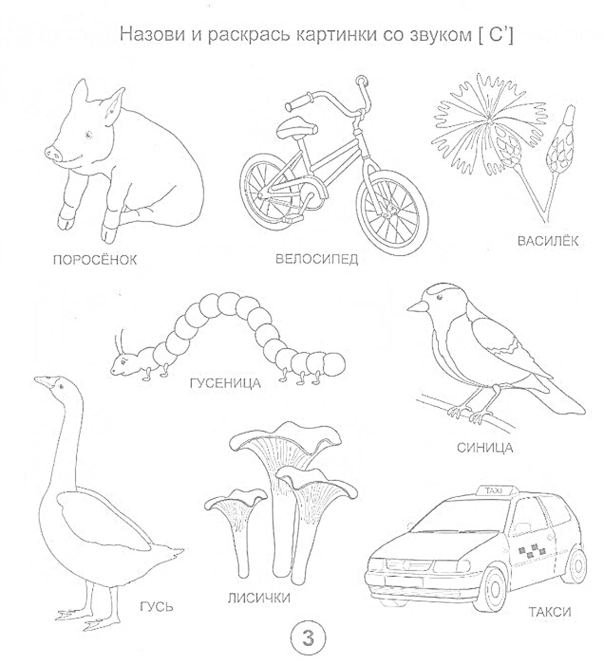 Раскраска поросёнок, велосипед, василёк, гусеница, синица, гусь, лисички, такси