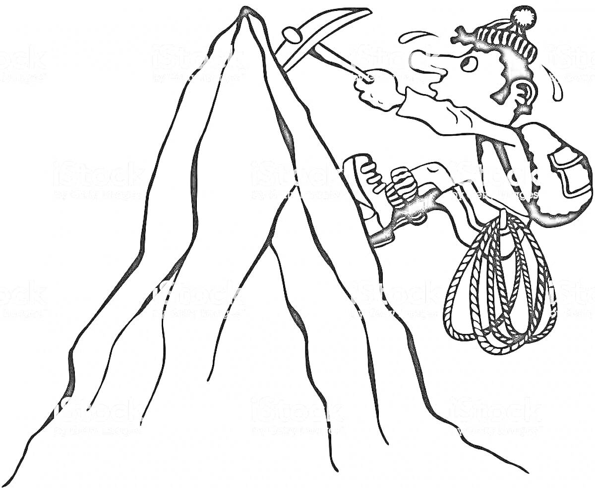 На раскраске изображено: Альпинизм, Веревка, Рюкзак, Зимняя шапка, Спорт