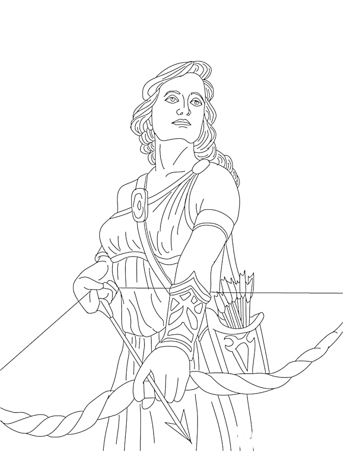 Раскраска Женщина в древнегреческом одеянии с луком и стрелами