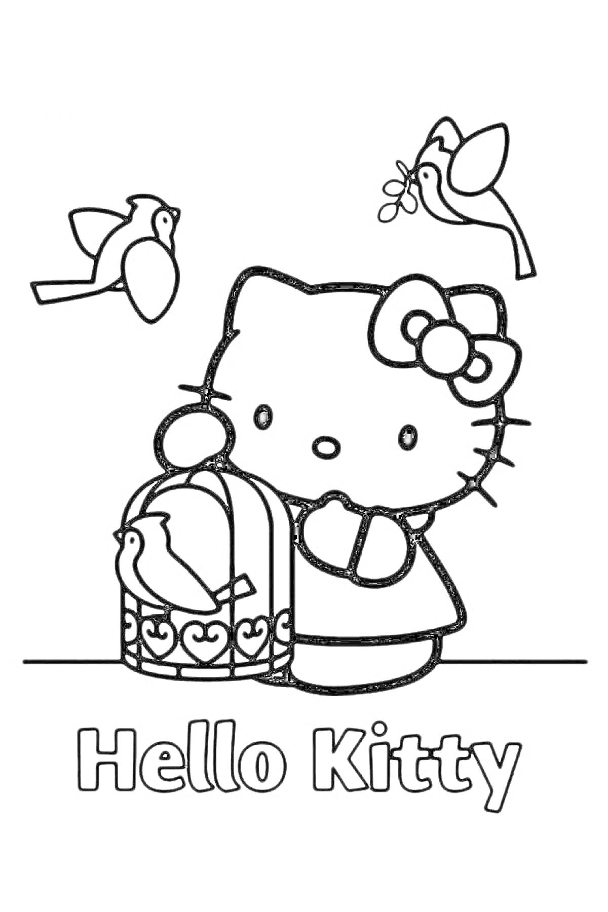 На раскраске изображено: Hello Kitty, Для детей, Птица, Герои мультфильмов, Клеточки, Кот