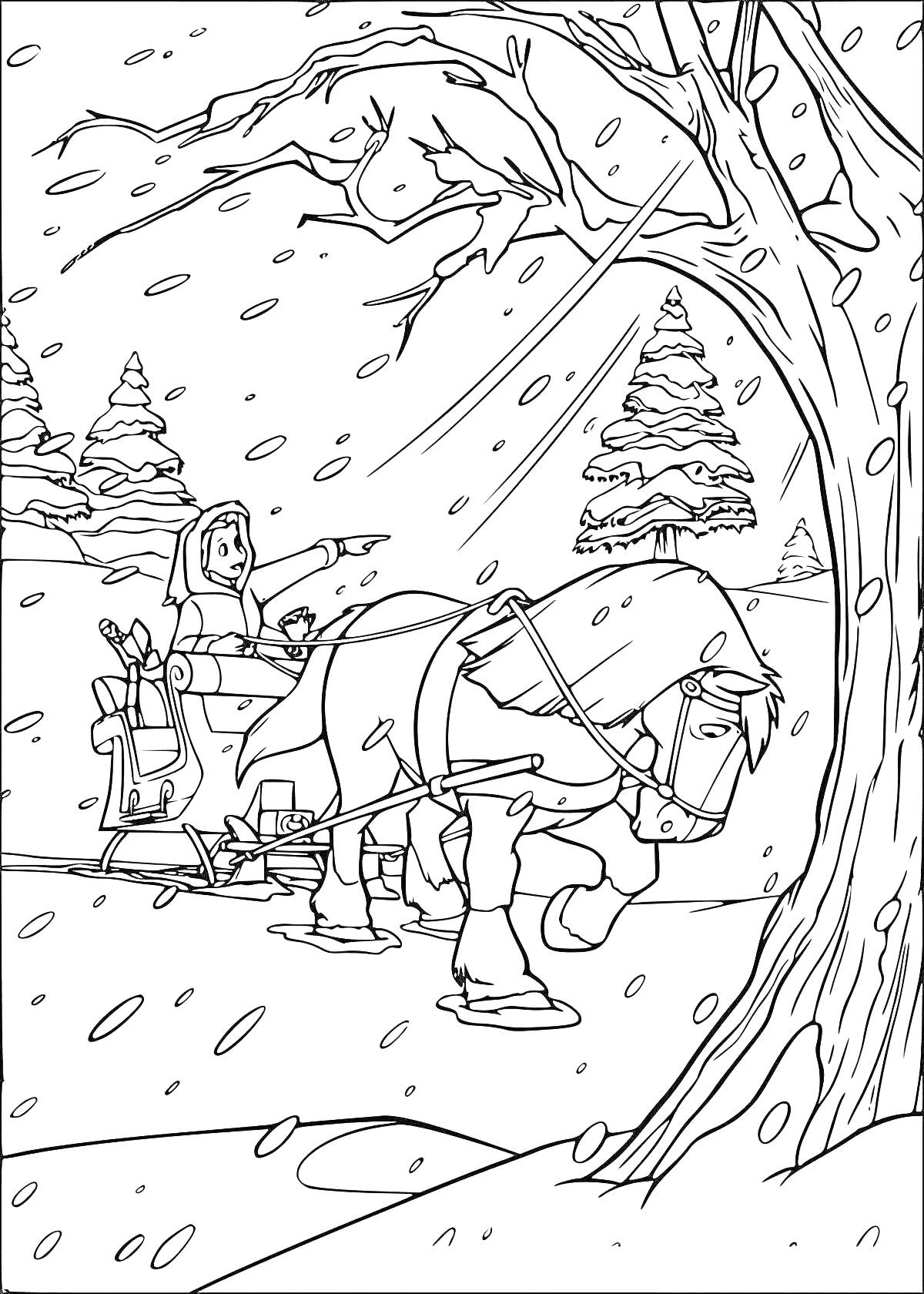 На раскраске изображено: Вьюга, Зима, Снег, Лошадь, Сани, Снегопад, Сказочный лес, Холод, Ветер