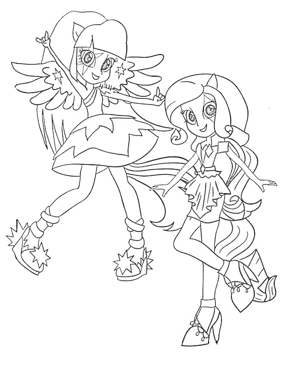 Раскраска Две девушки Эквестрии, одна с крыльями и звездными ботинками, другая с длинными волосами и асимметричным платьем