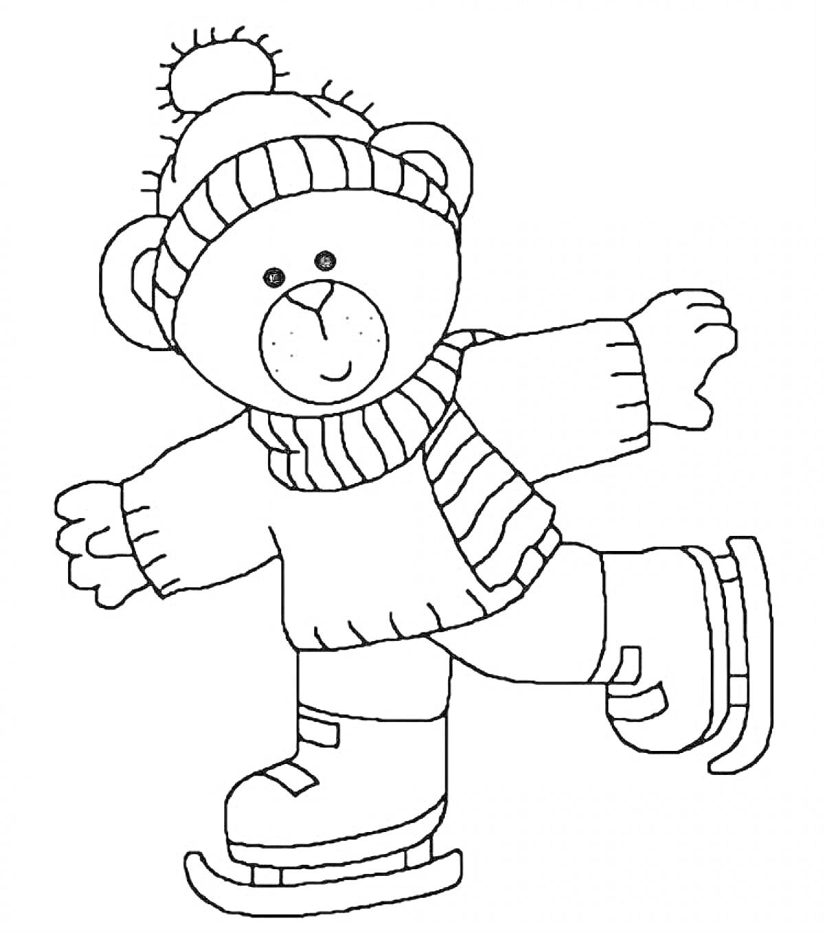 Раскраска Медвежонок в шапке и шарфе на коньках