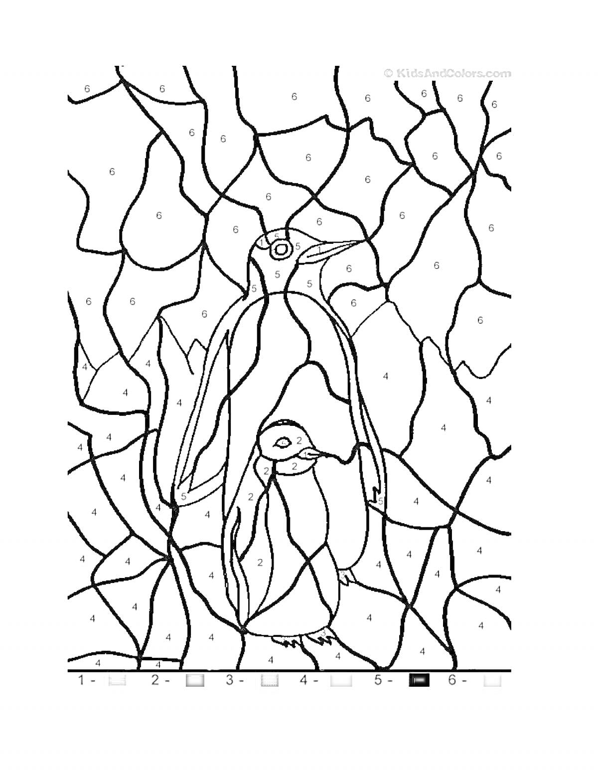 Раскраска Пингвин с птенцом по номерам в узорах