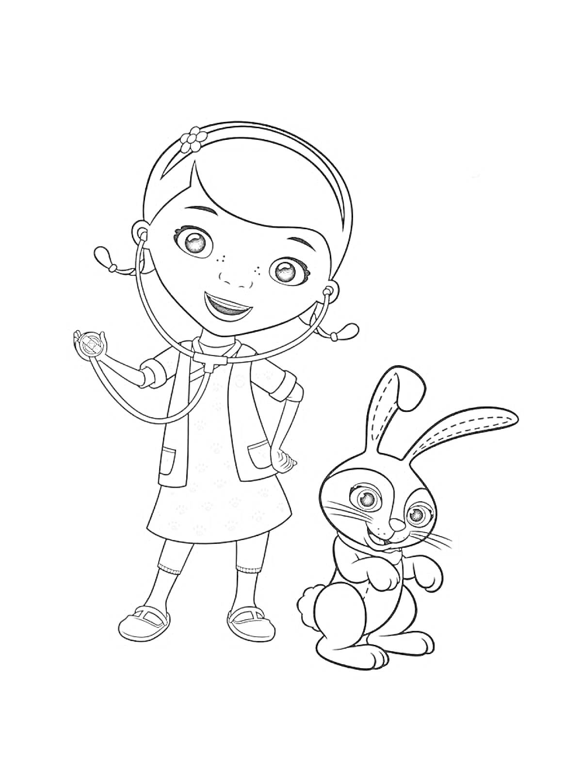 Раскраска Доктор Плюшева со стетоскопом и кролик