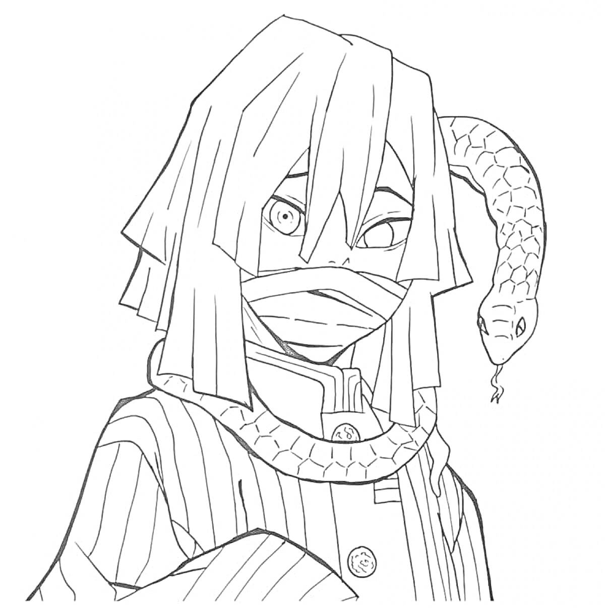 Раскраска персонаж в маске с длинными волосами и змеей на плече