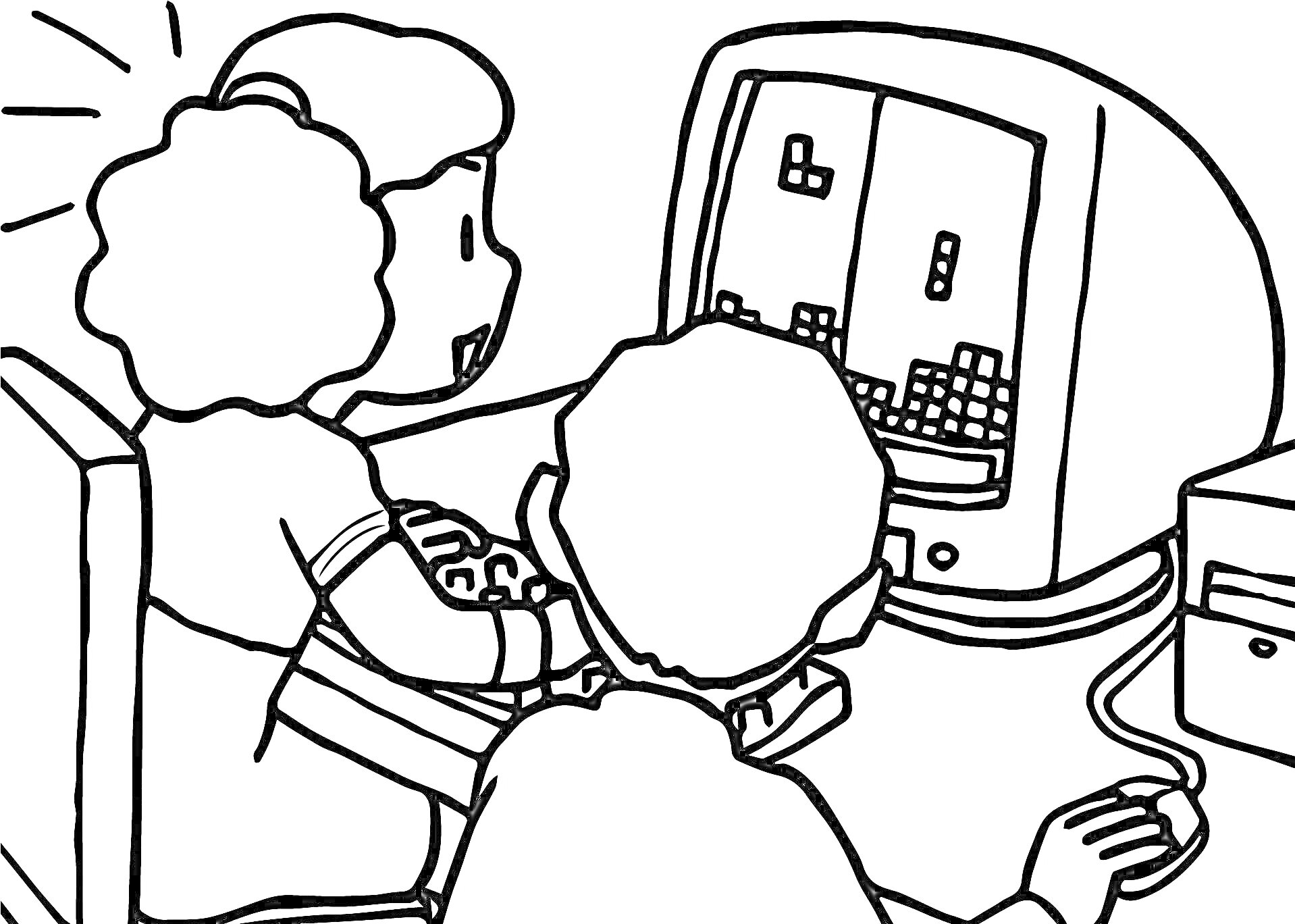 Раскраска Два человека играют в тетрис на компьютере