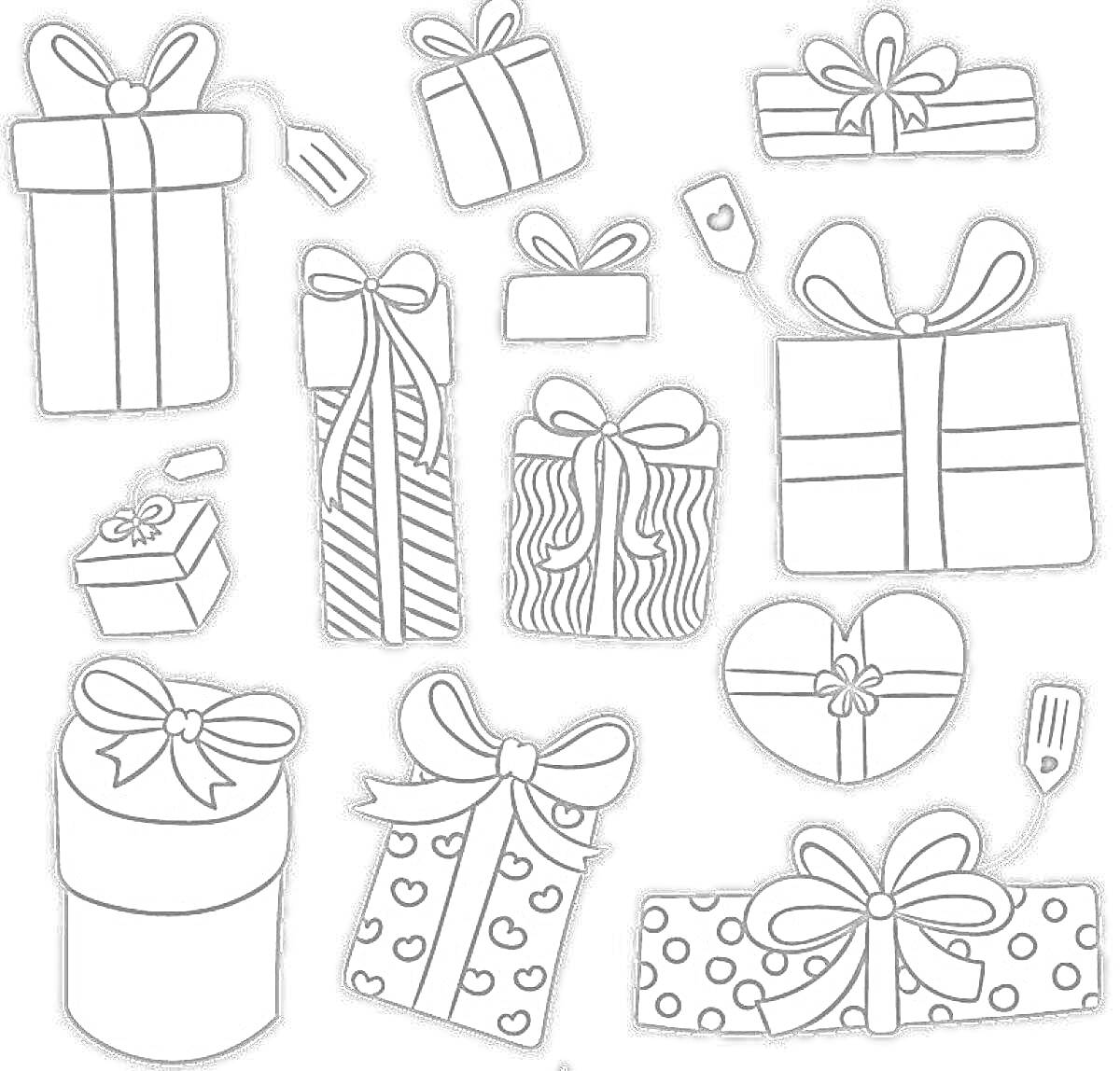 На раскраске изображено: Подарки, Бантики, Сердечки, Декоративные элементы, Праздник, Коробка, Сюрприз