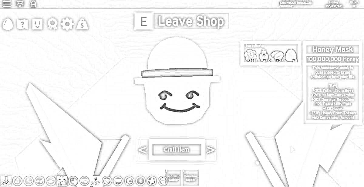 Раскраска Магазин в игре Bee Swarm Simulator с персонажем в цилиндре, кнопкой 