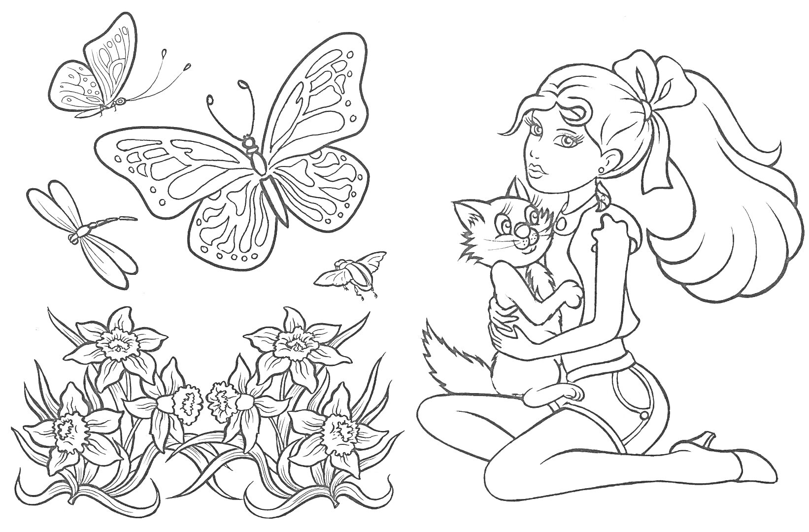 На раскраске изображено: Девочка, Кот, Нарциссы, Цветы, Для девочек, 7 лет