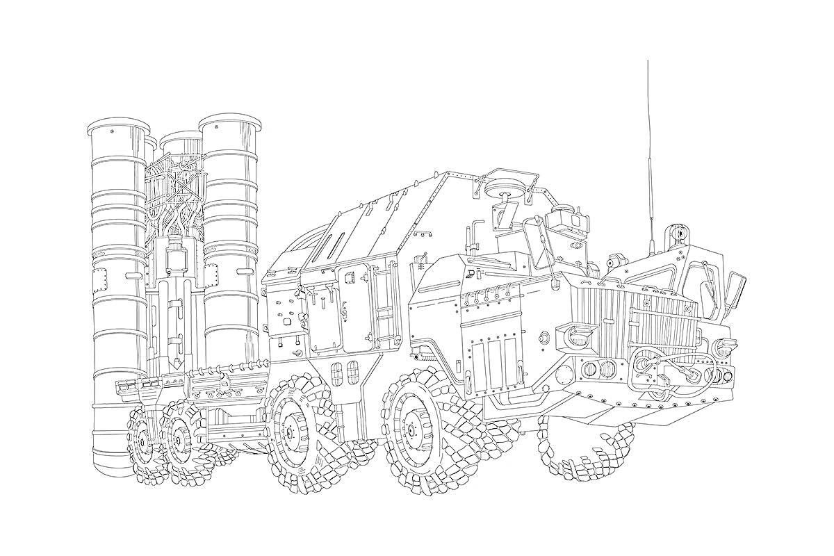На раскраске изображено: Военная техника, Колесная платформа, Ракетная установка, Оружие